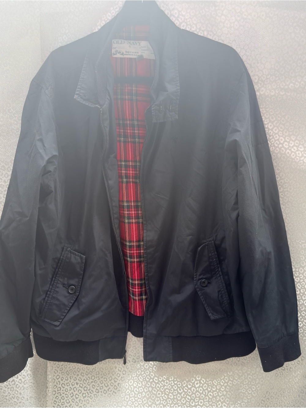 Old Navy Black Bomber Jacket with Red Plaid Lining
